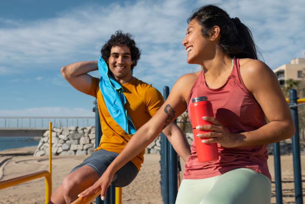 Smiling friends resting after outdoor beach workout
