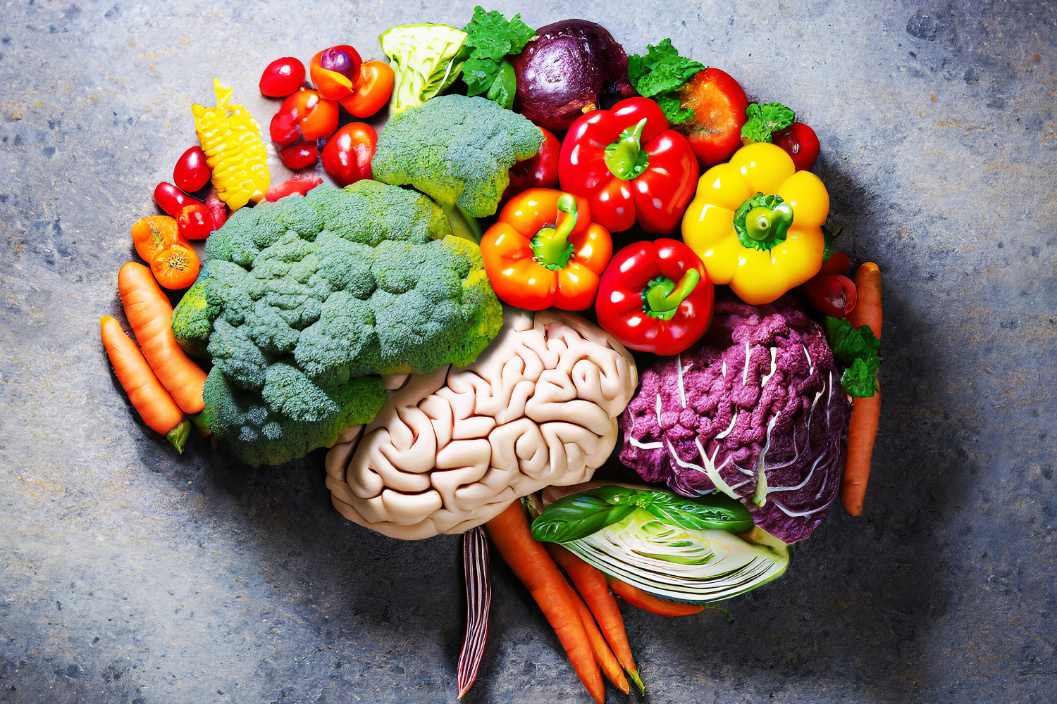 Brain surrounded by fresh vegetables and colorful fruits.