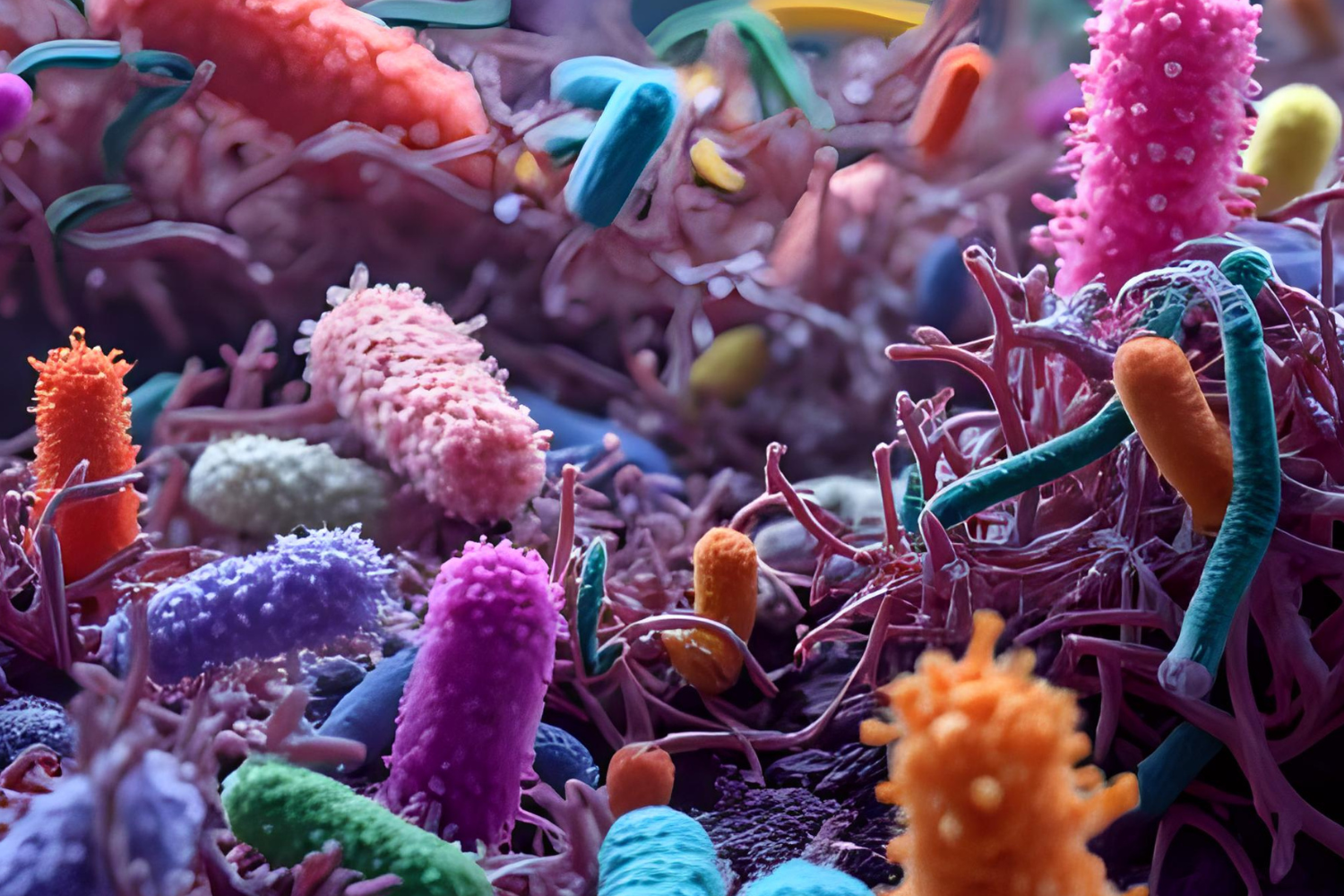 Close-up of colorful gut microbiota under microscope