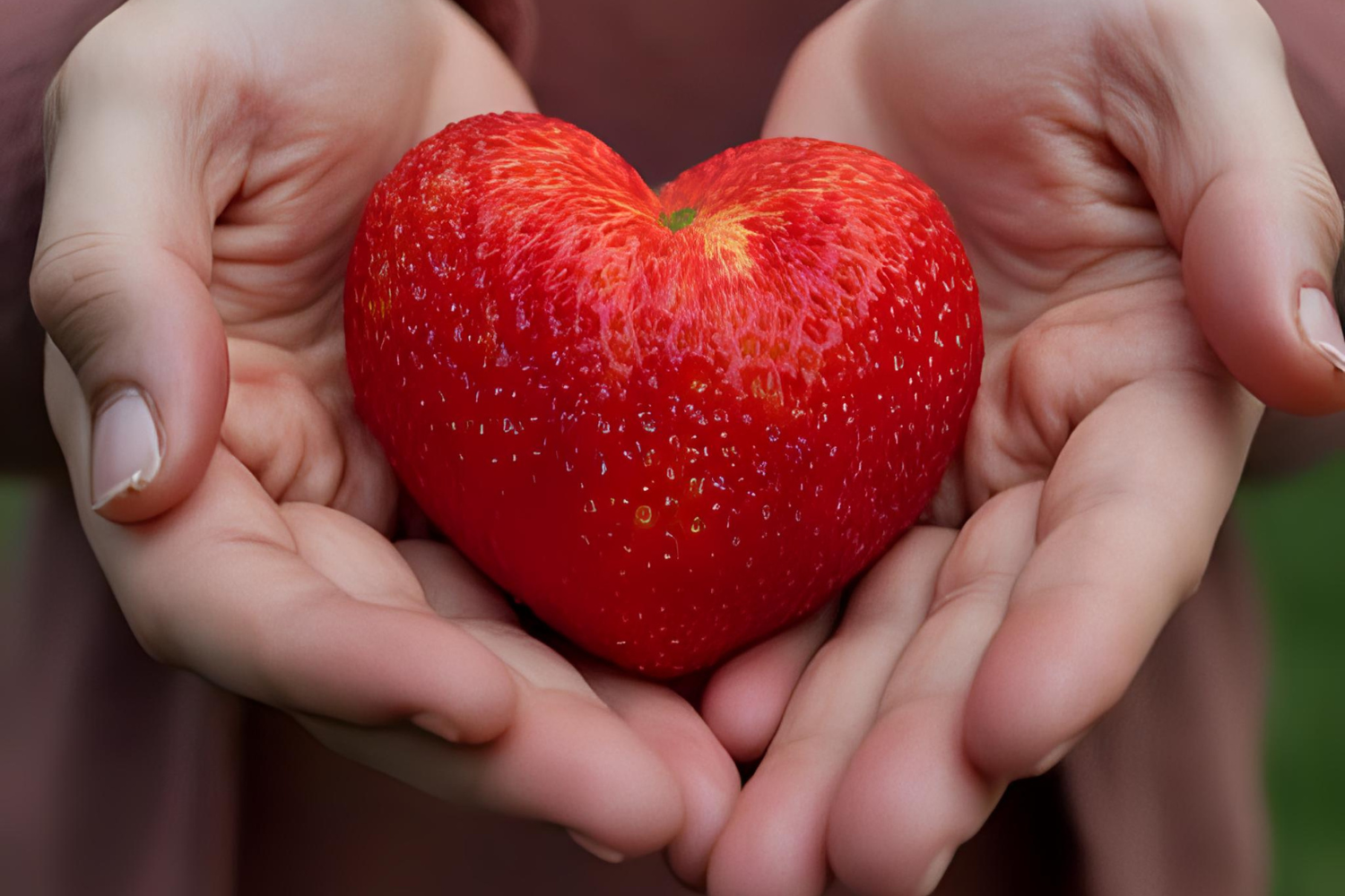 Hands gently holding a heart-shaped strawberry