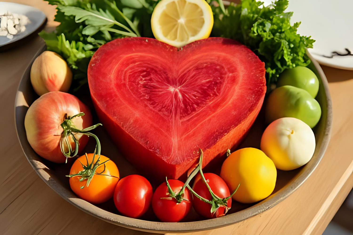 Heart-shaped fruit with colorful fresh vegetables 