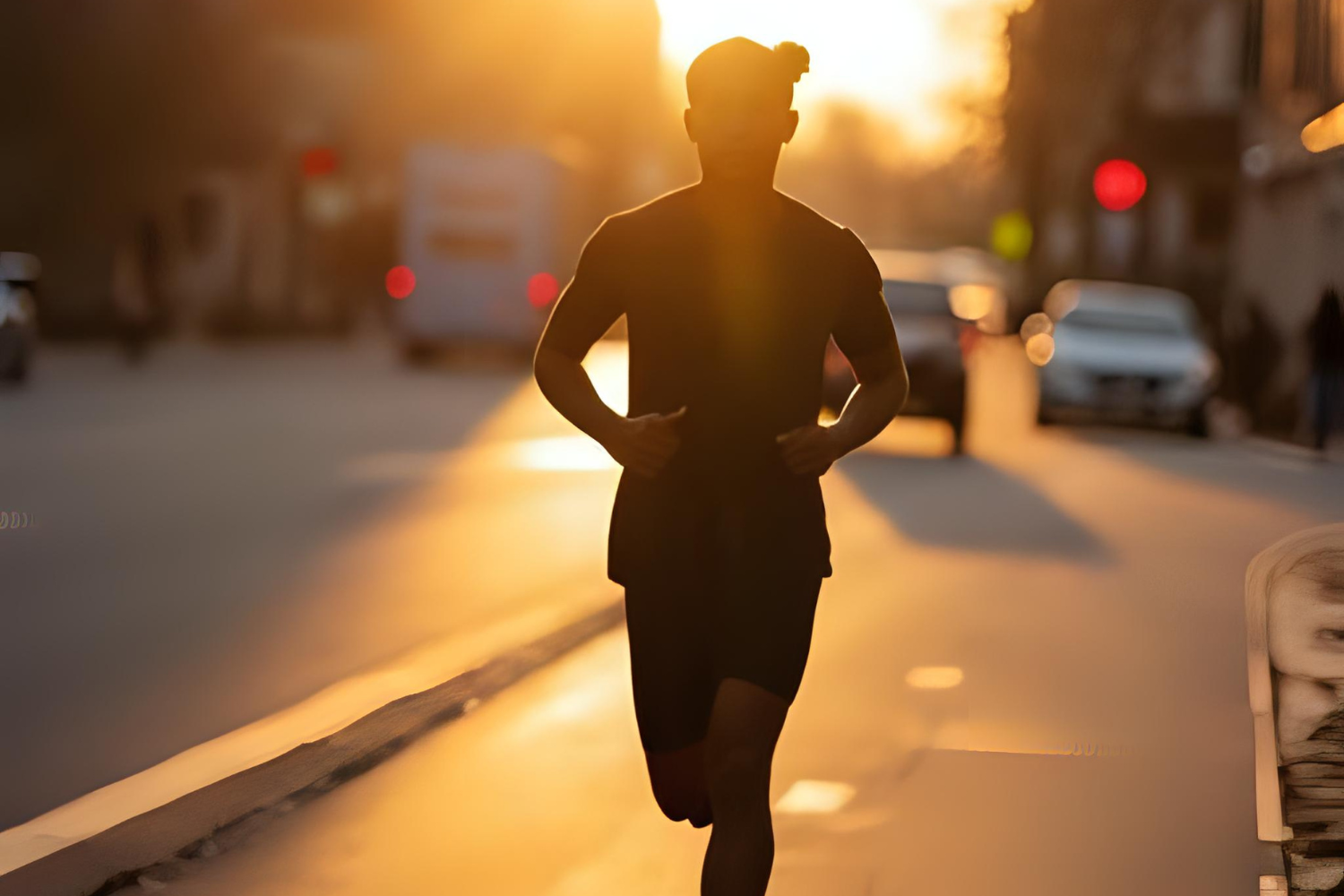 Man running on street during golden sunset