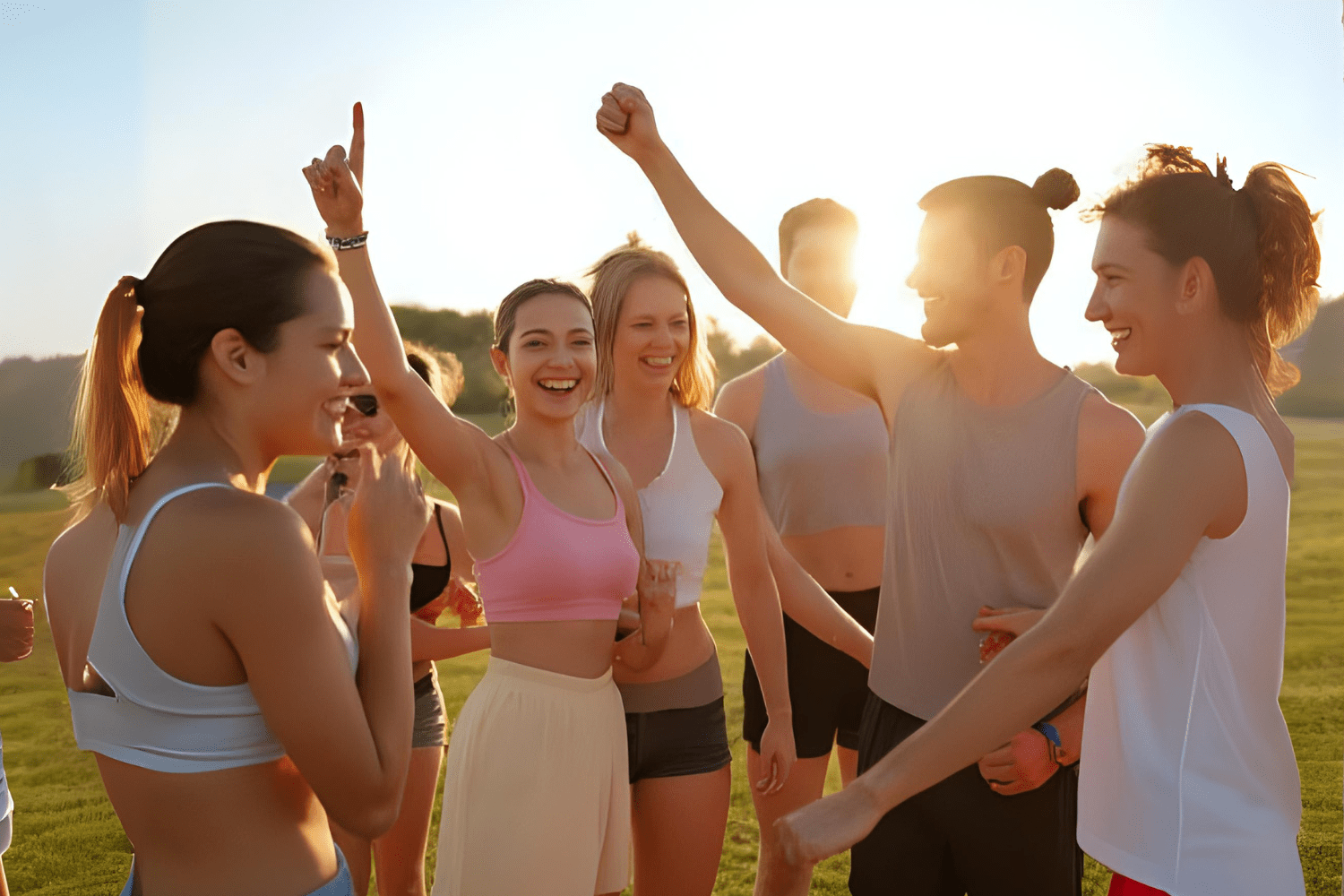 Group of young adults celebrating outdoors post workout.
