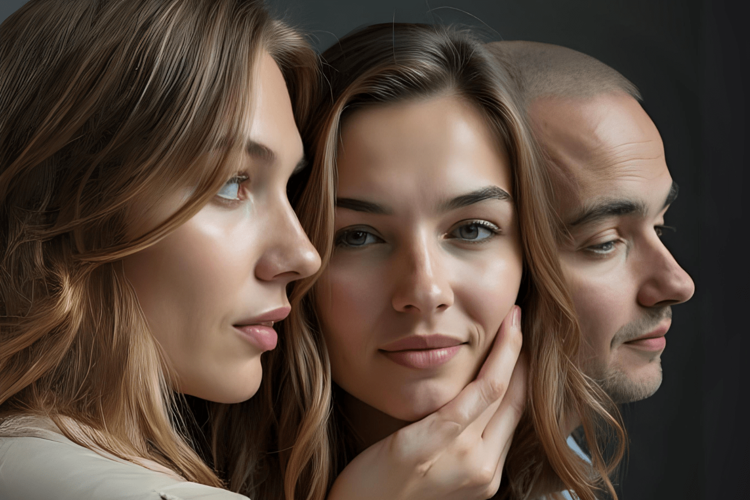 Three people share a close, emotional facial moment.