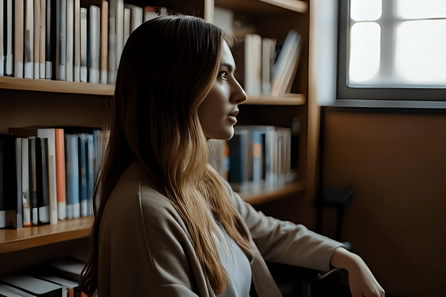 Woman gazing out the window, surrounded by bookshelves