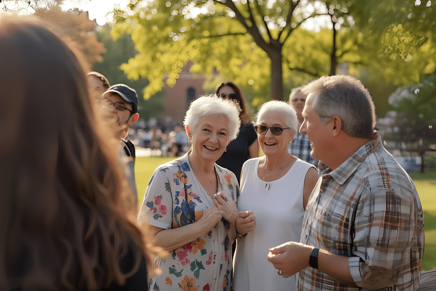 Seniors laughing warmly in a sunny park gathering.