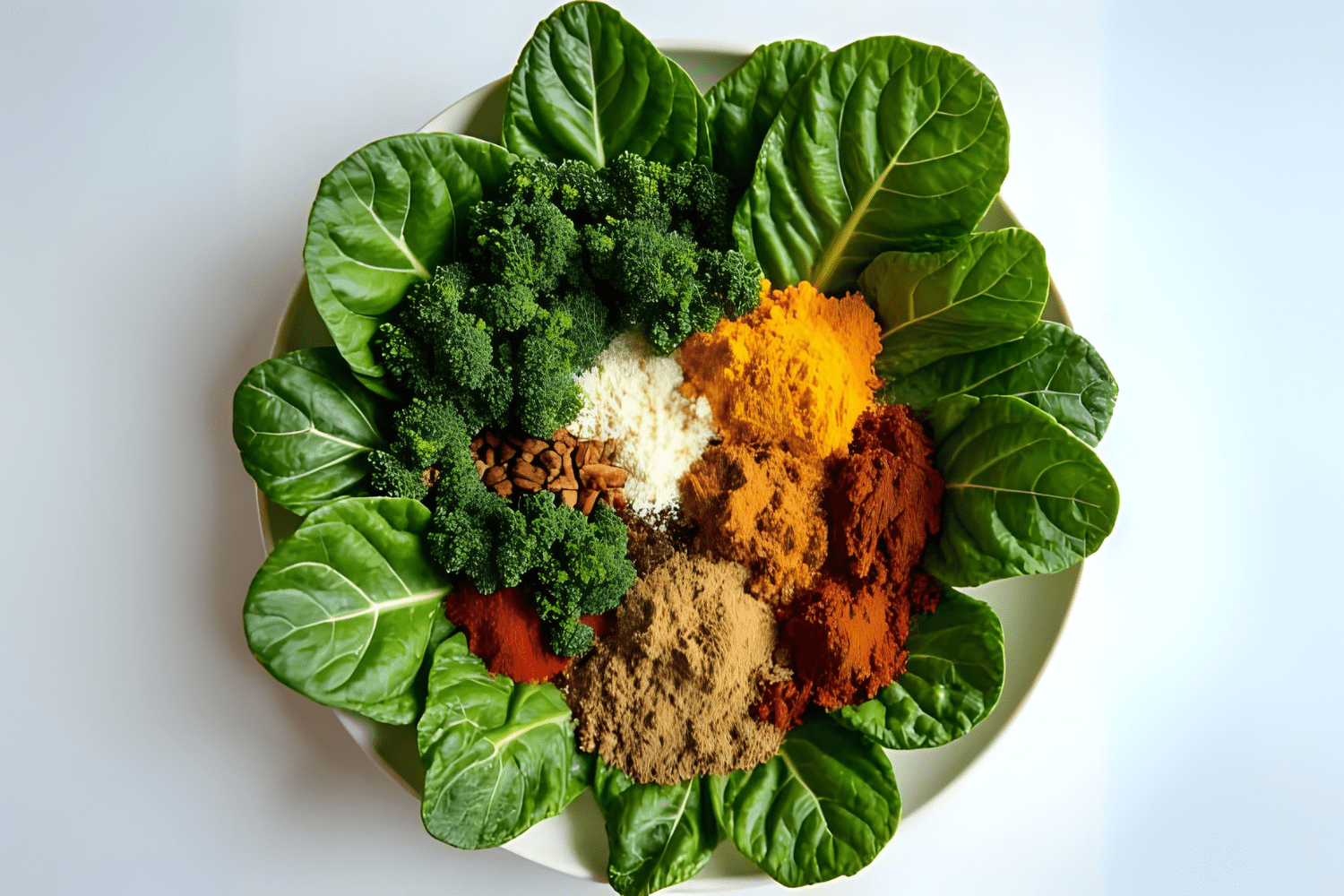  Leafy greens with colorful spices and herbs on plate
