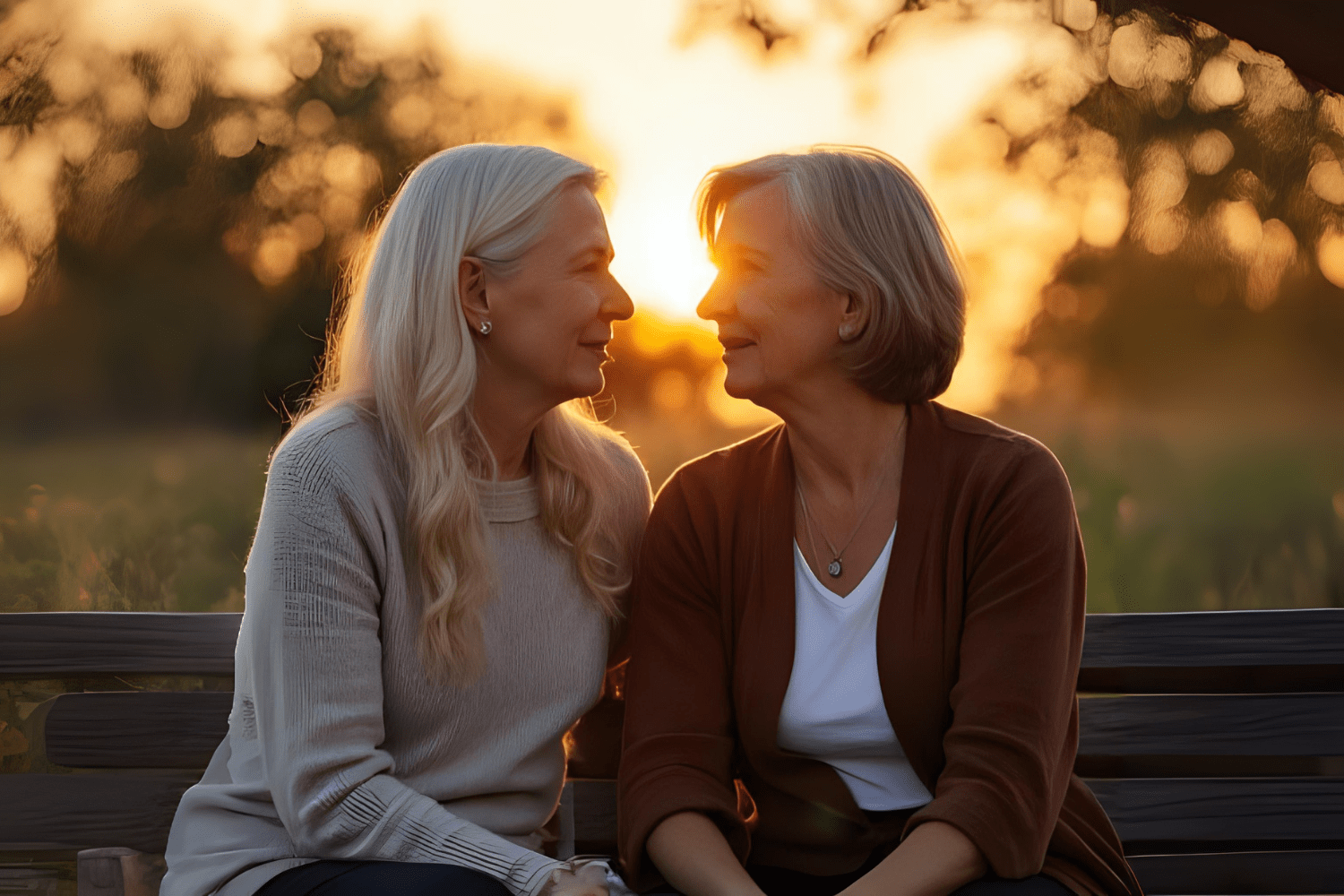 Two older women sitting at sunset on bench
