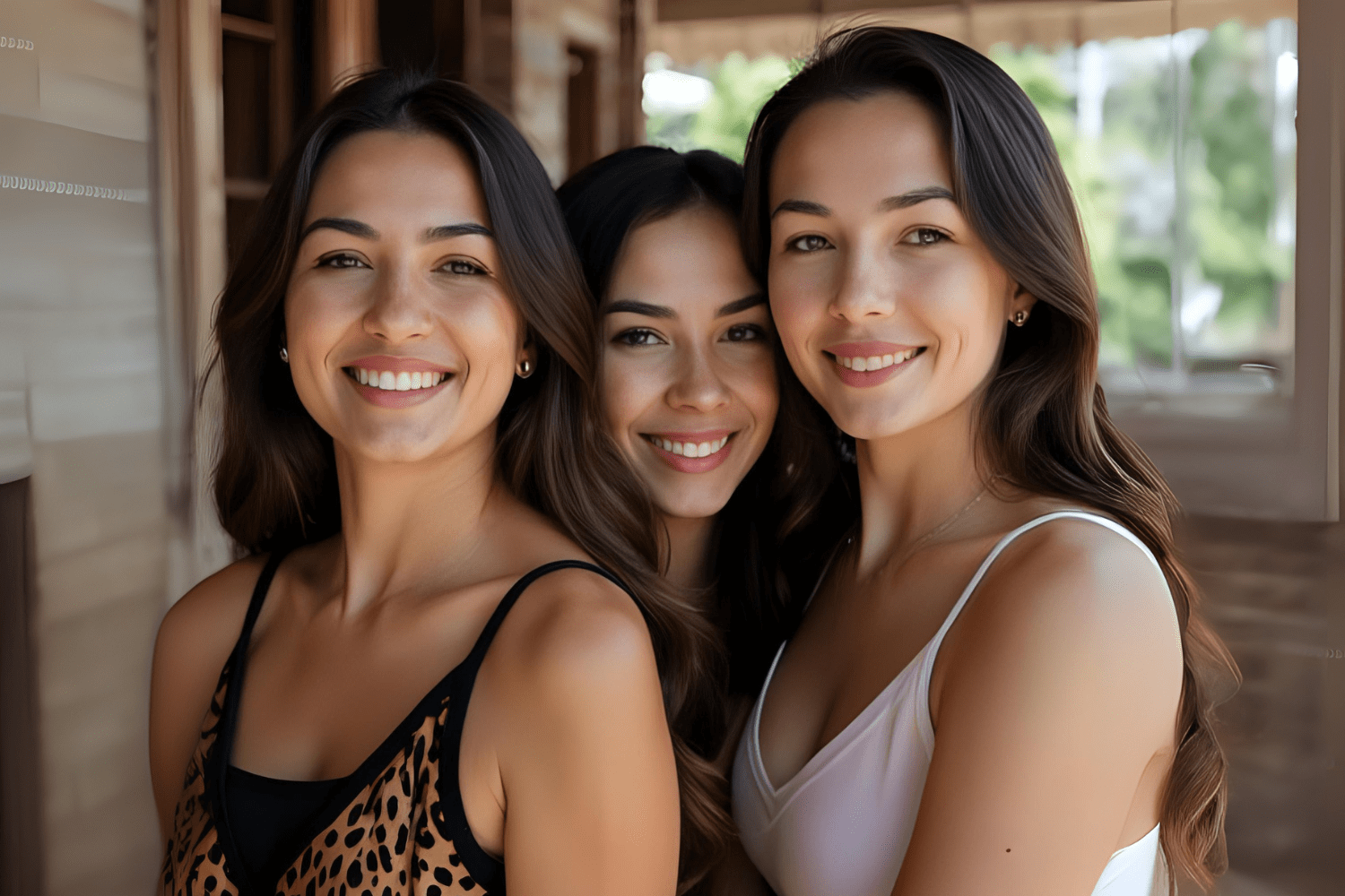 Three young women smiling close together indoors