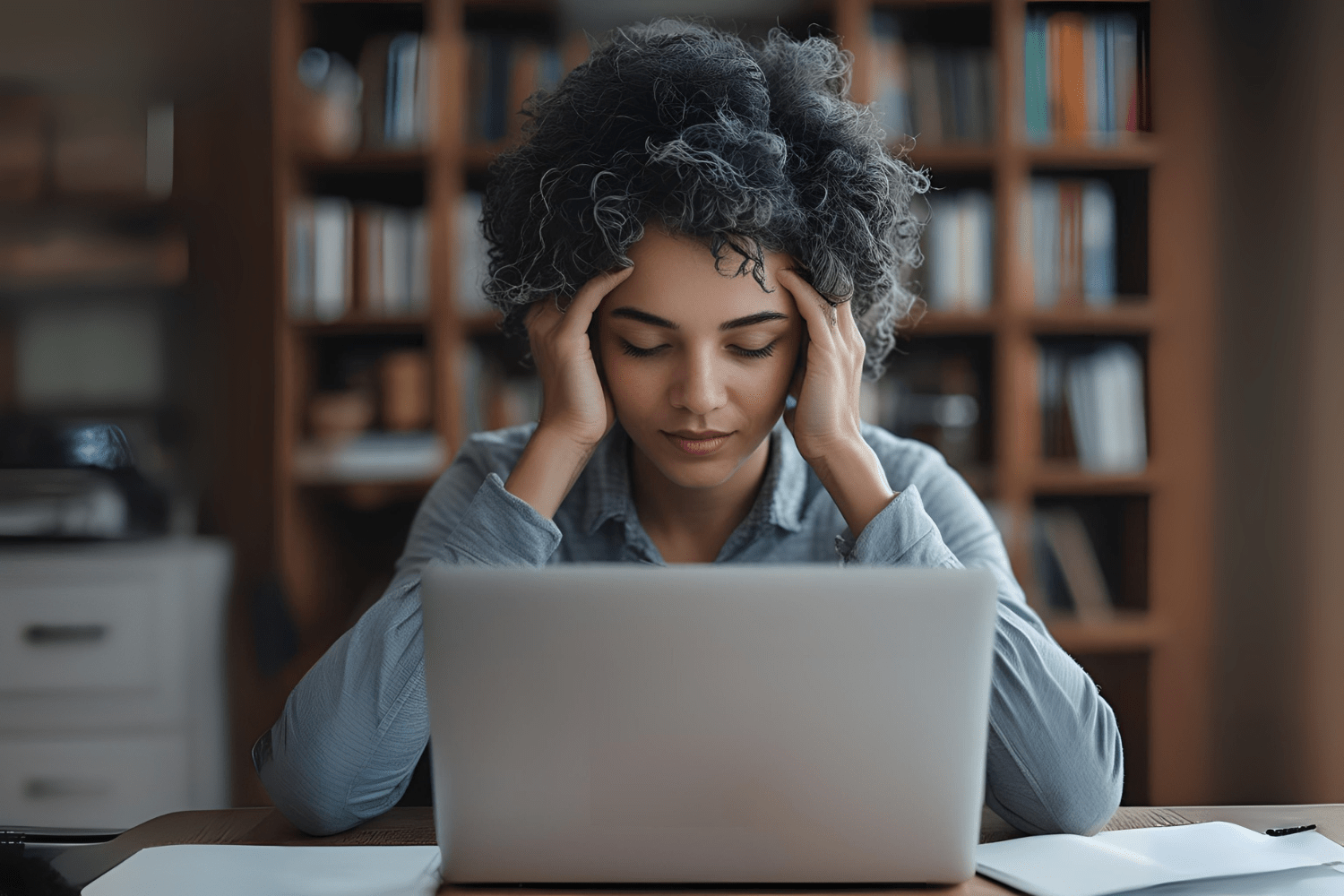 Woman stressed at laptop holding head in frustration