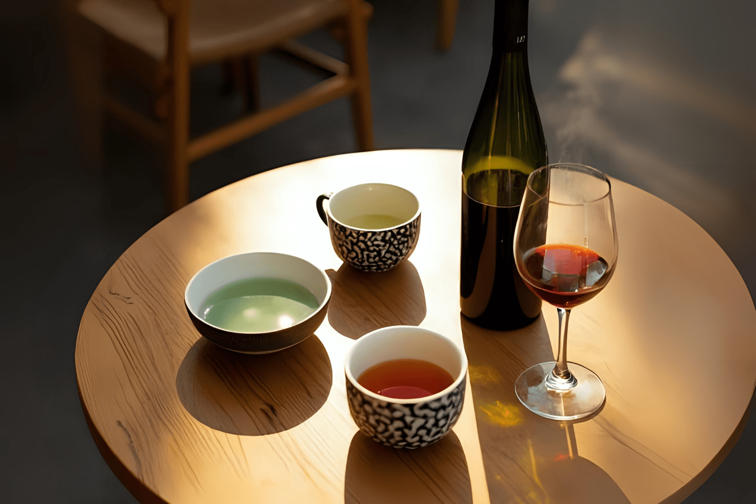 Cups of tea and red wine on wooden table