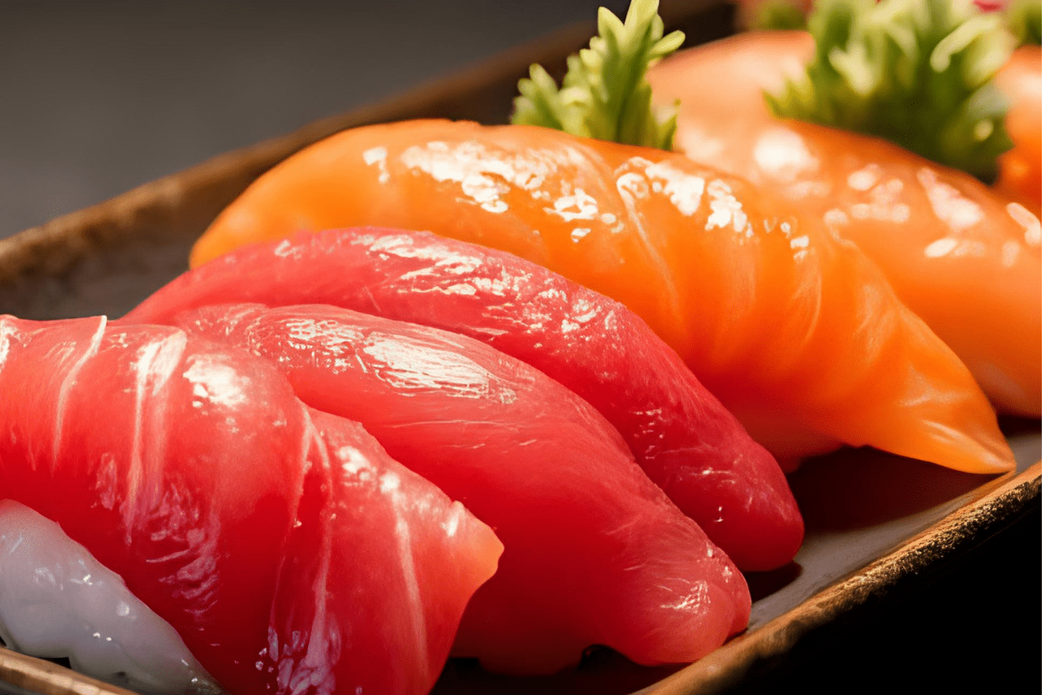 Close-up of fresh tuna and salmon sushi