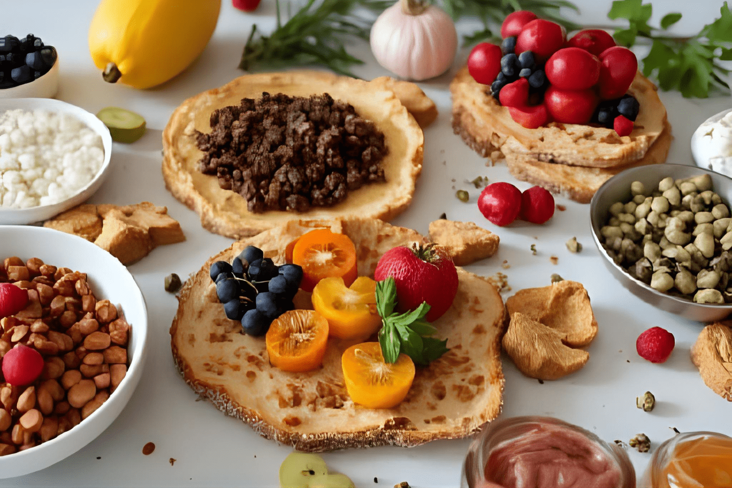 Assorted healthy superfoods on white tabletop