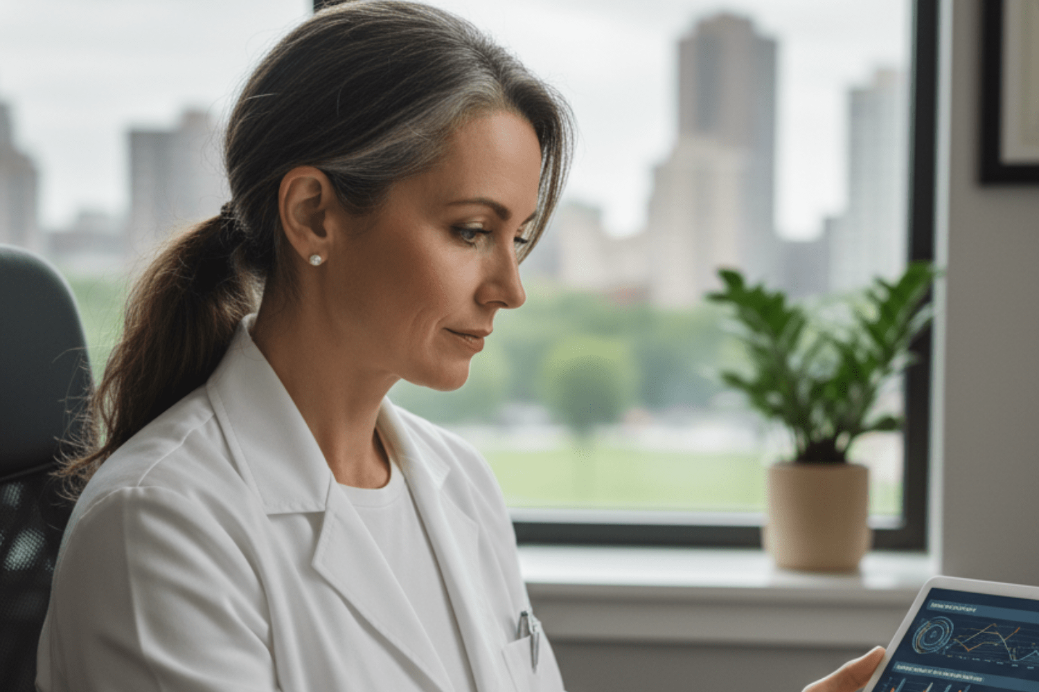 Female doctor reviewing patient health data on tablet.
