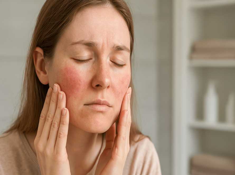 Woman touching red, irritated skin with closed eyes