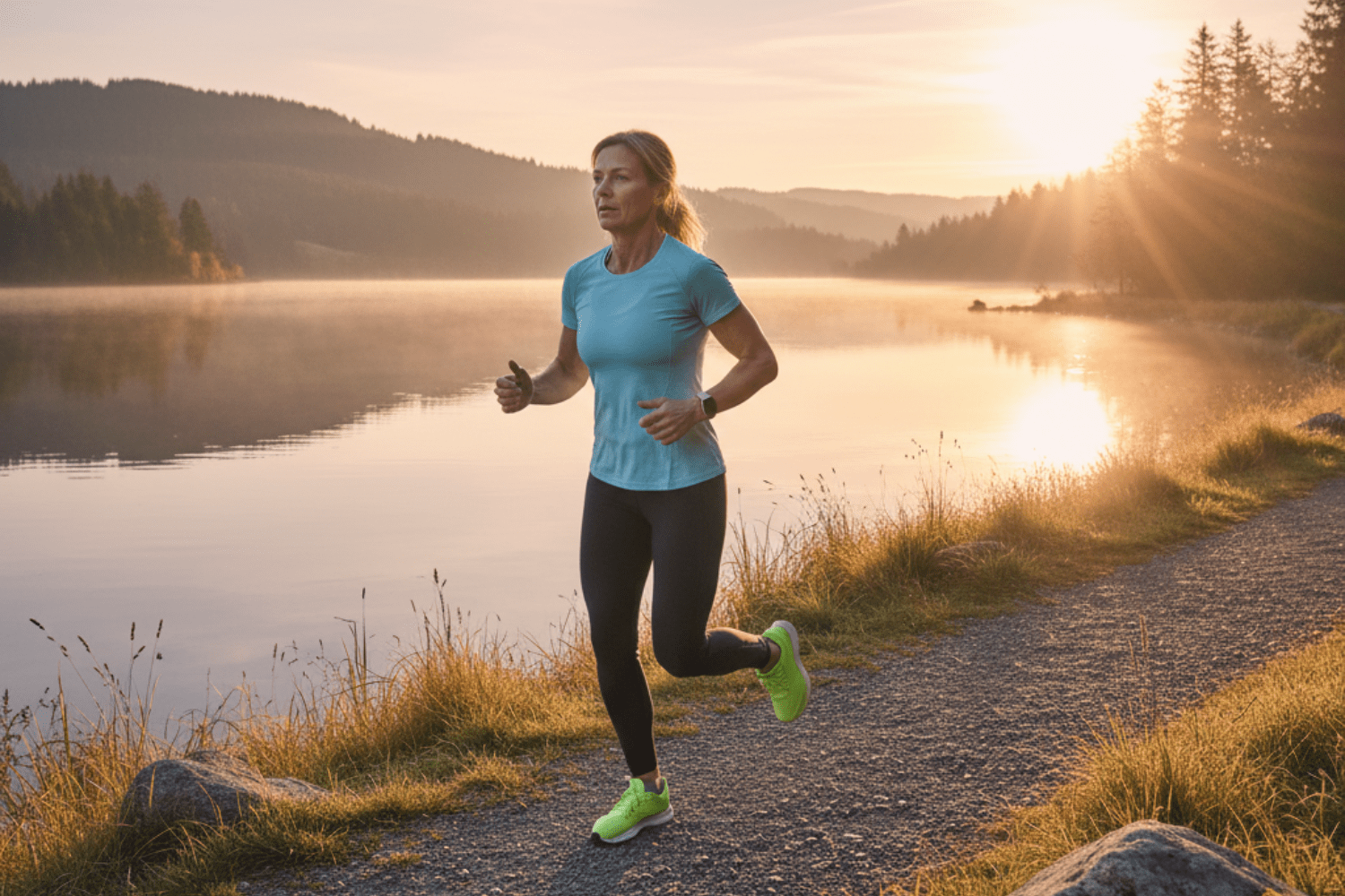 Woman running by calm lake during sunrise outdoors.