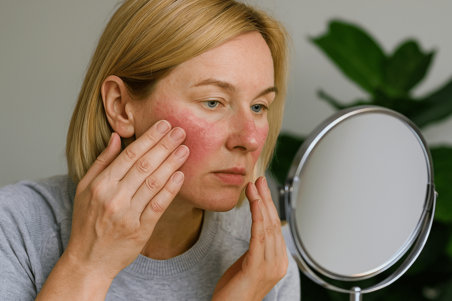 Woman with flushed cheeks examining face in mirror
