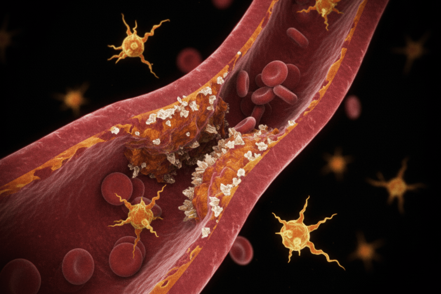 Cholesterol and blood cells clogging narrowed human artery
