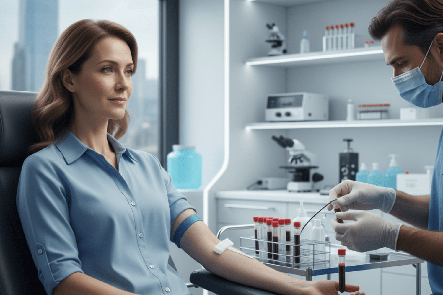 Woman calmly receiving blood test from masked doctor
