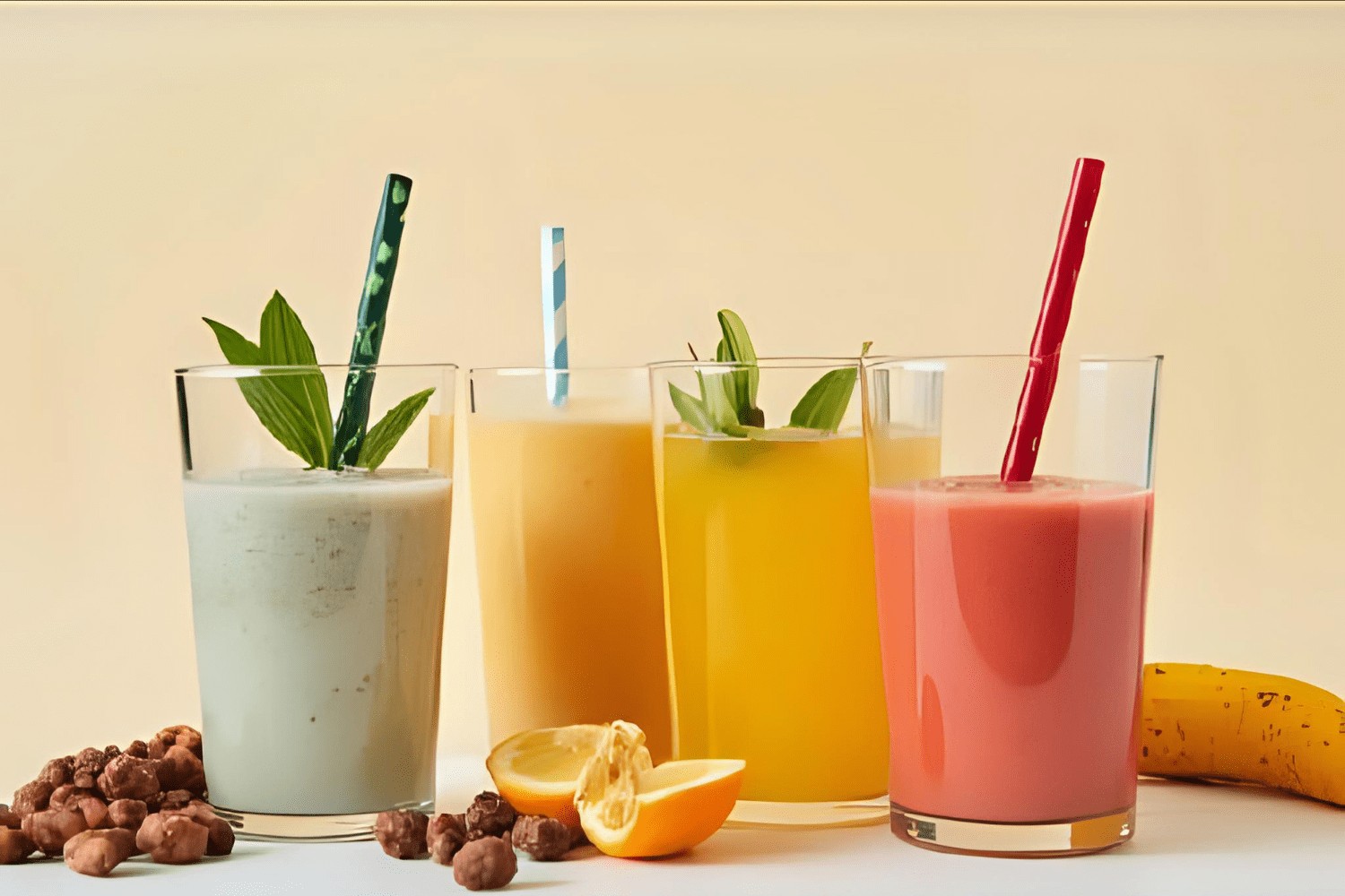 Four colorful gut health drinks with straws
