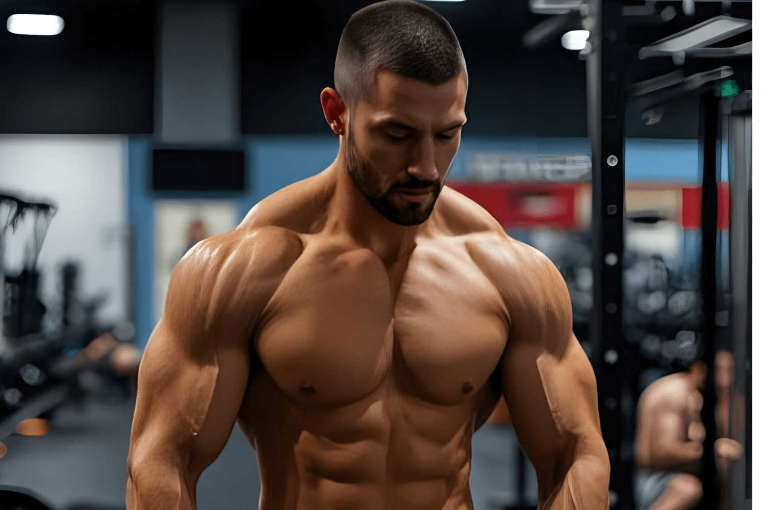  Muscular man posing shirtless in modern fitness gym

