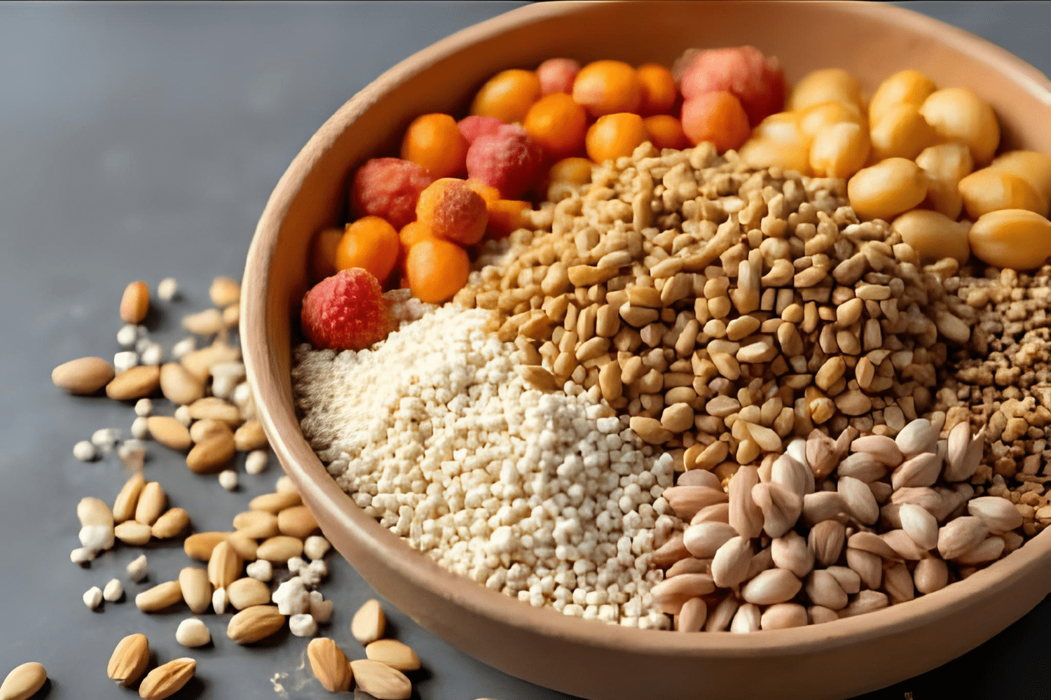 Assorted nuts, seeds, and grains in ceramic bowl.