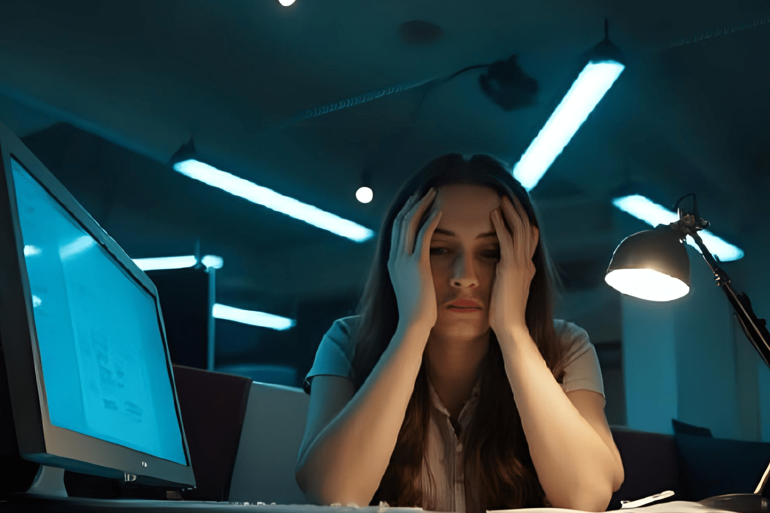 Exhausted woman holding head working late at computer