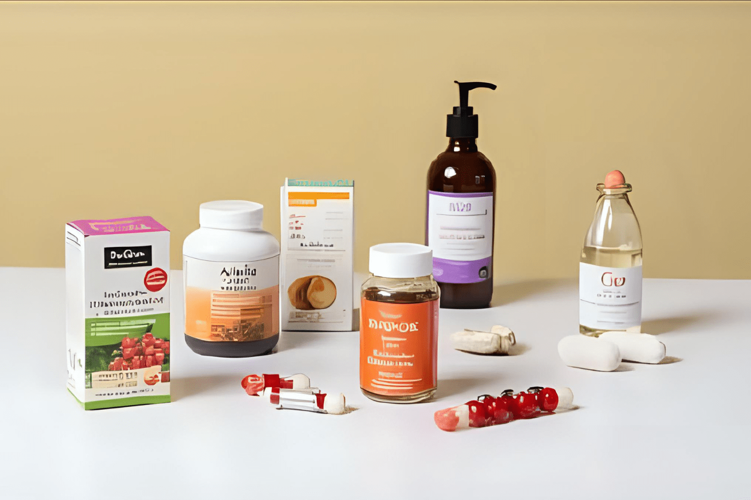 Various women’s health supplements arranged on table