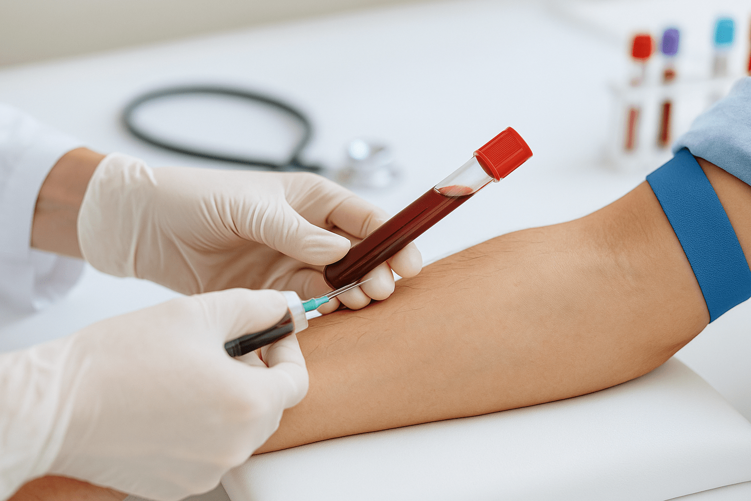 Nurse collecting blood sample from patient’s arm.