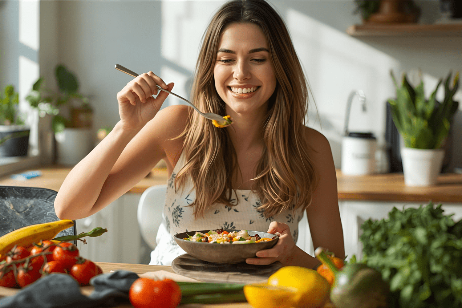 Woman smiling while eating fresh salad in a bright kitchen.