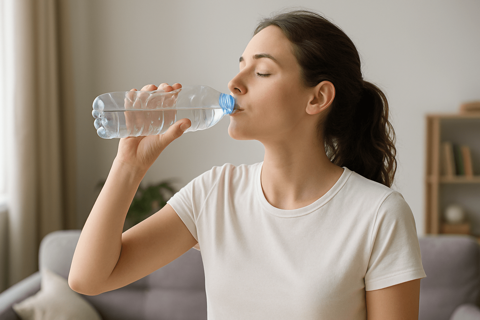 Woman in white shirt drinks water from plastic bottle.
