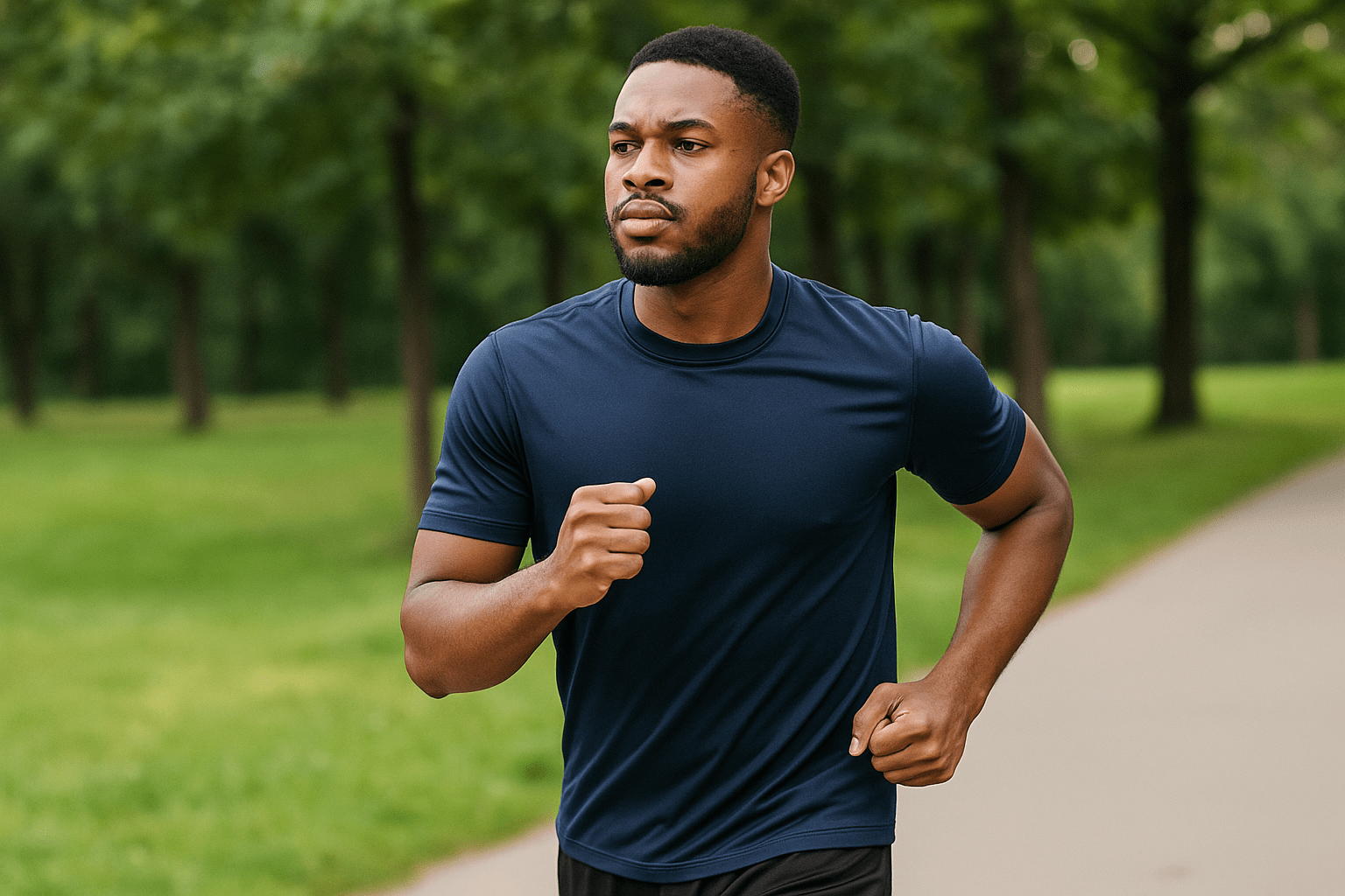 Athletic man jogs confidently through green park path.