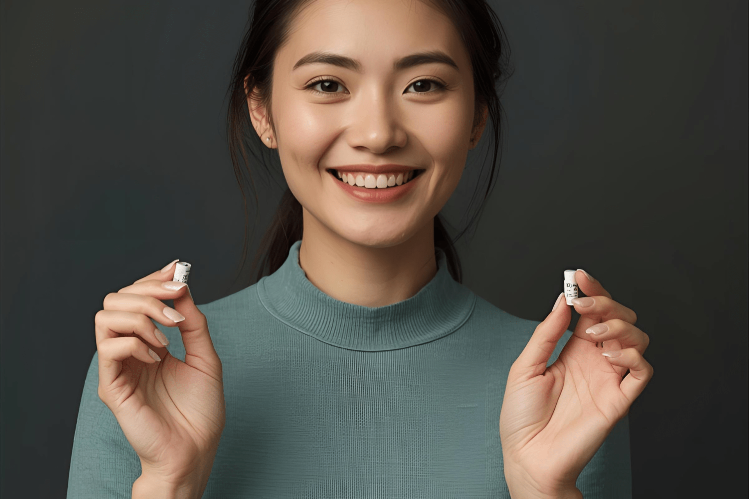 Woman smiling while holding vitamin D capsules