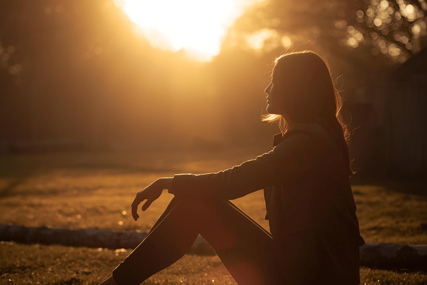 Woman sitting outdoors during golden sunset glow