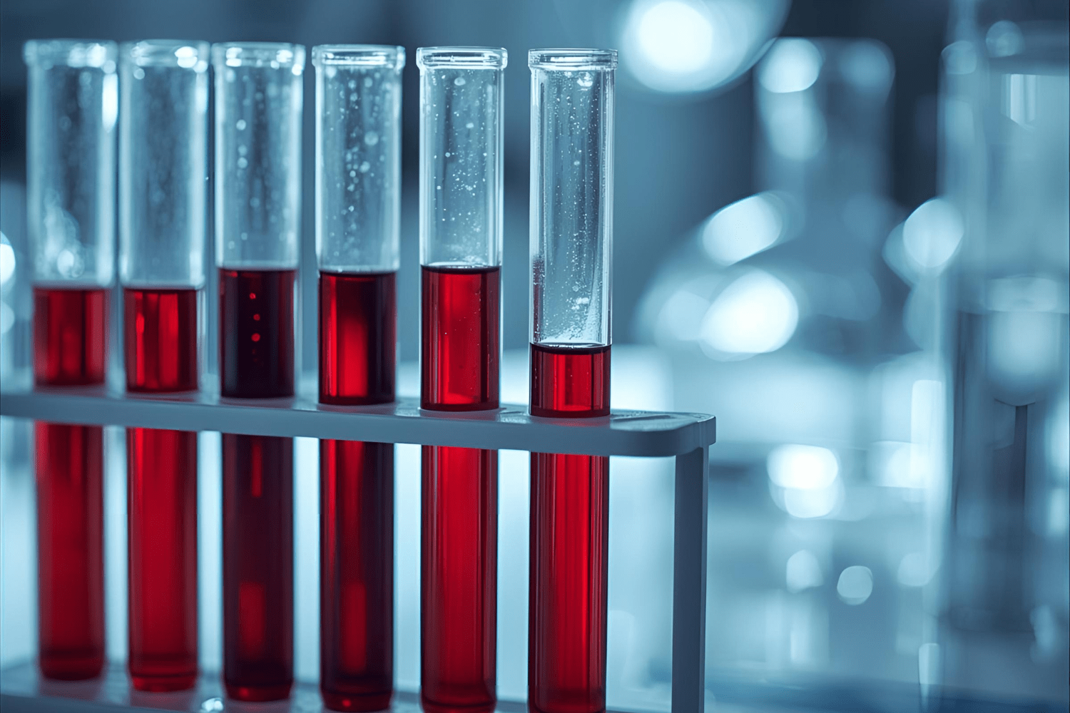 Multiple test tubes filled with red liquid samples.