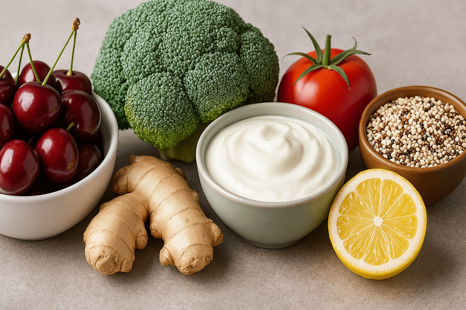 Cherries broccoli ginger yogurt quinoa and lemon display.