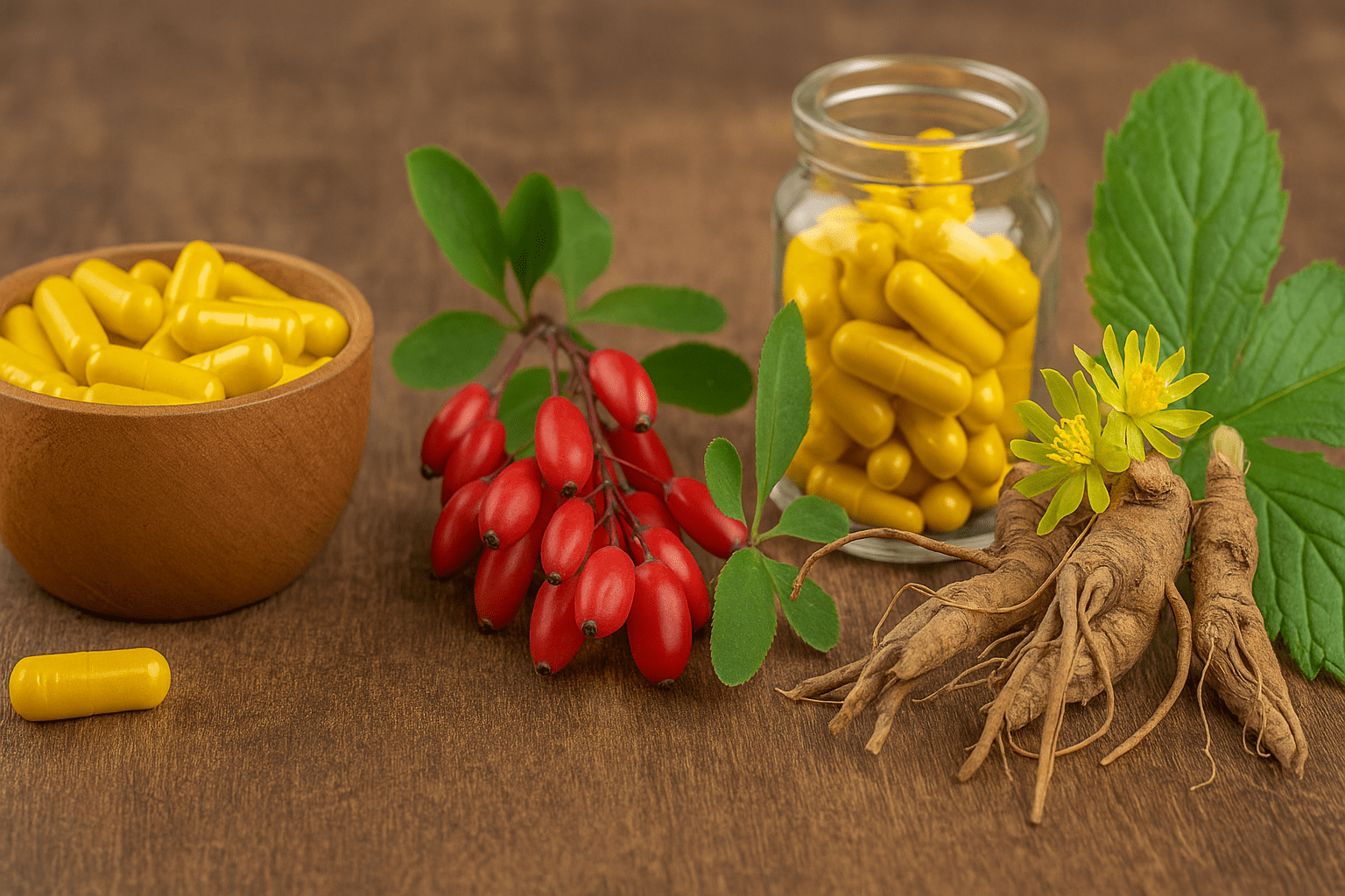Barberry fruits and goldenseal roots with capsules
