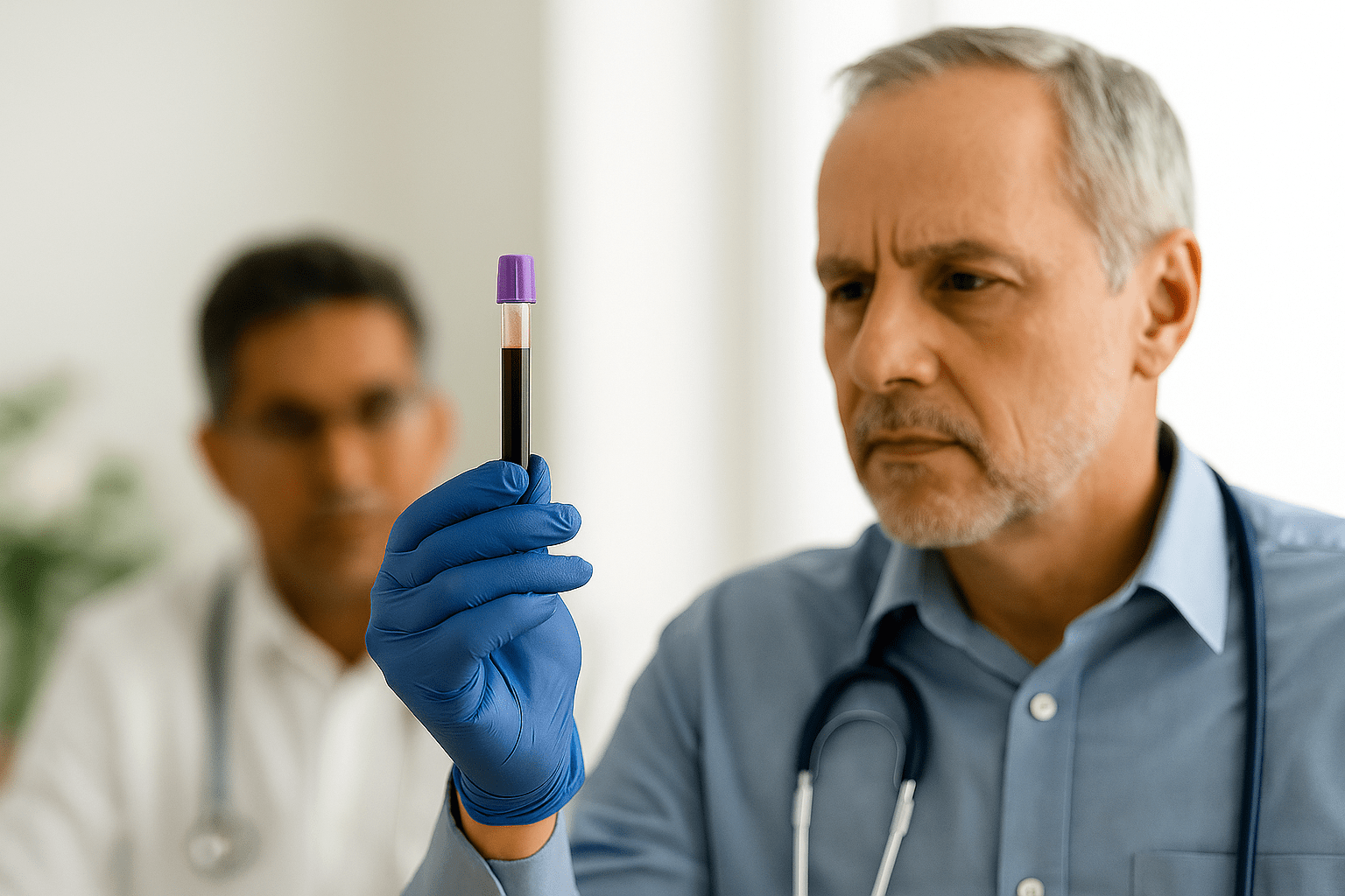 Doctor examining a blood sample tube in a clinical setting.
