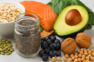 Jar of chia seeds surrounded by healthy, whole foods