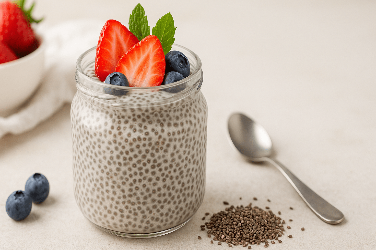 Jar of chia pudding topped with strawberries and blueberries