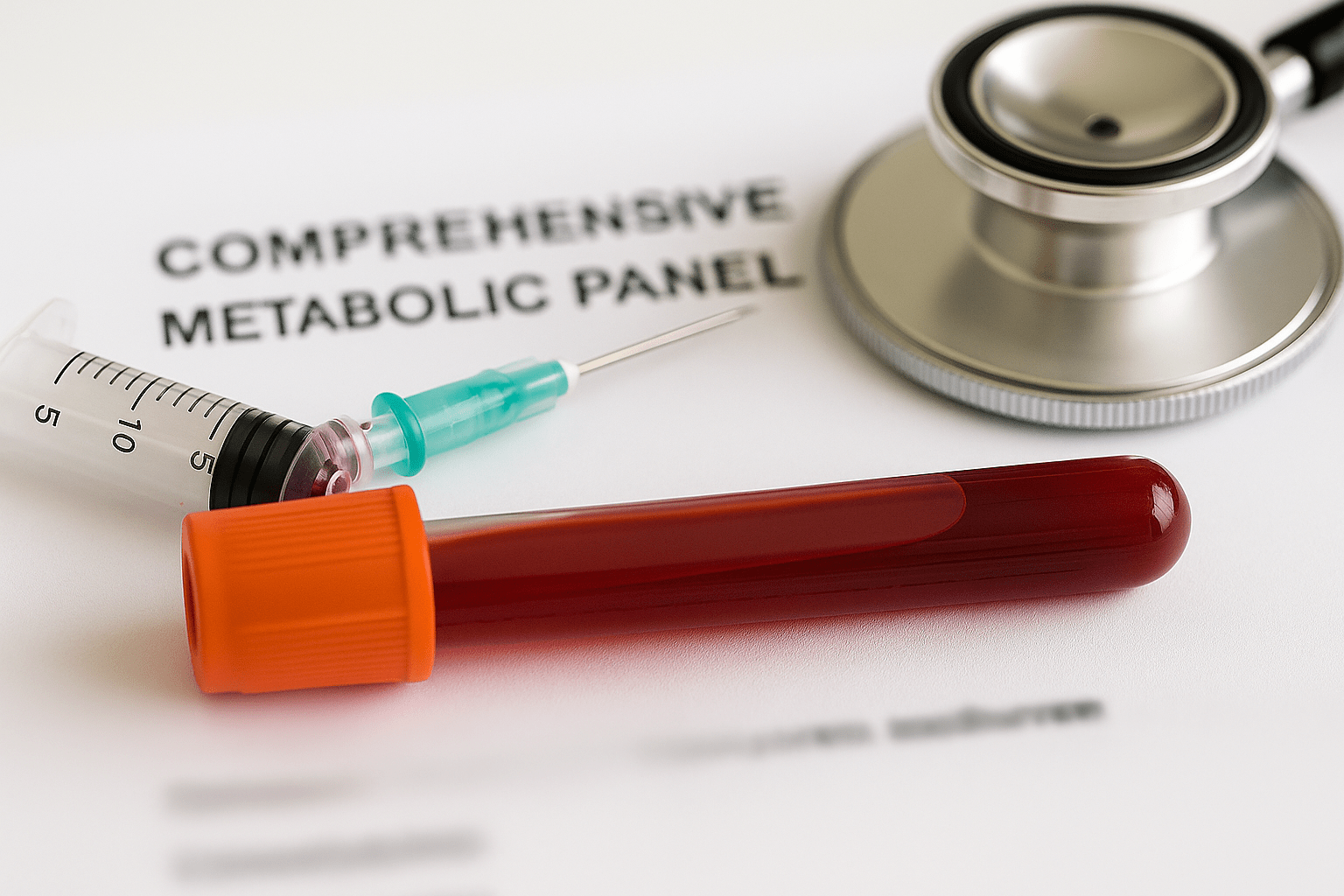  Syringe, blood tube, stethoscope on CMP lab report.
