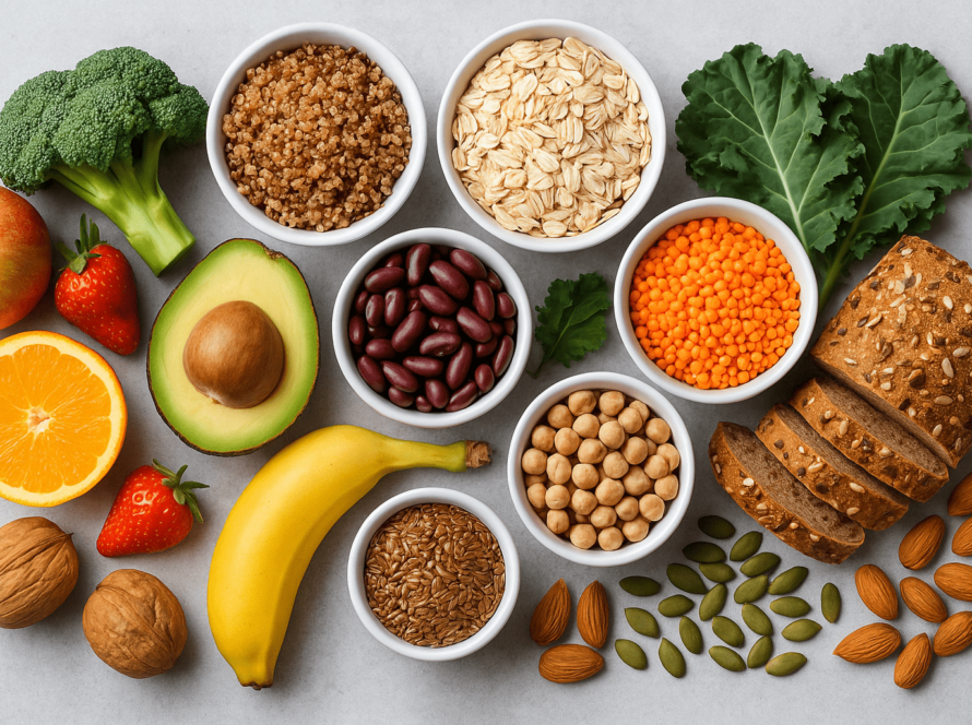 Variety of fruits vegetables grains nuts and seeds displayed