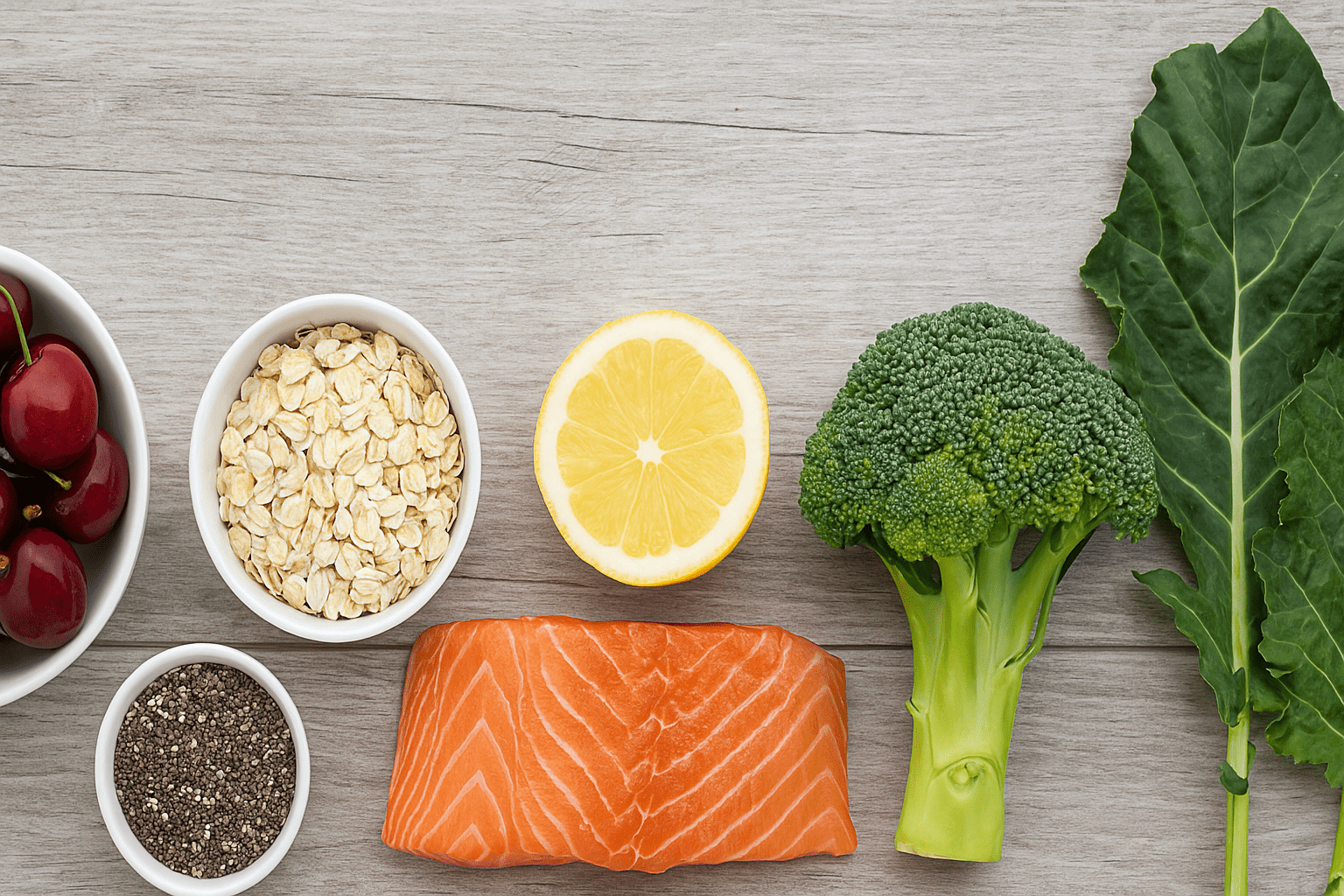 Fresh salmon broccoli lemon cherries and oats arranged.