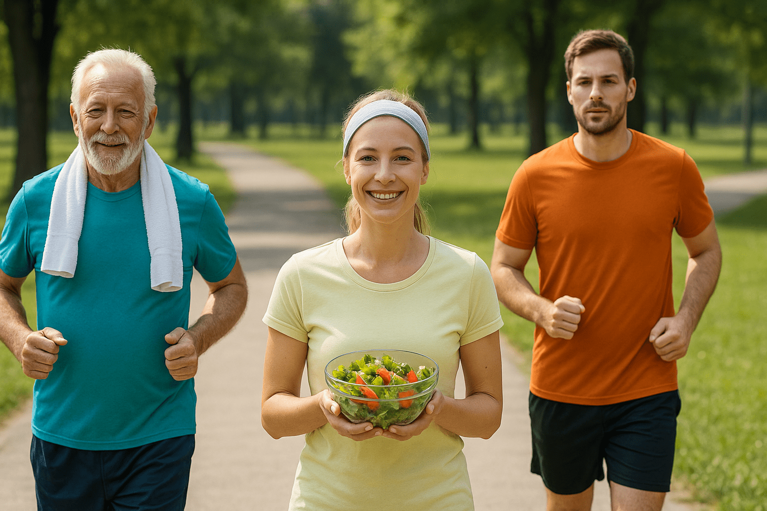 People jogging outdoors while holding a fresh green salad.