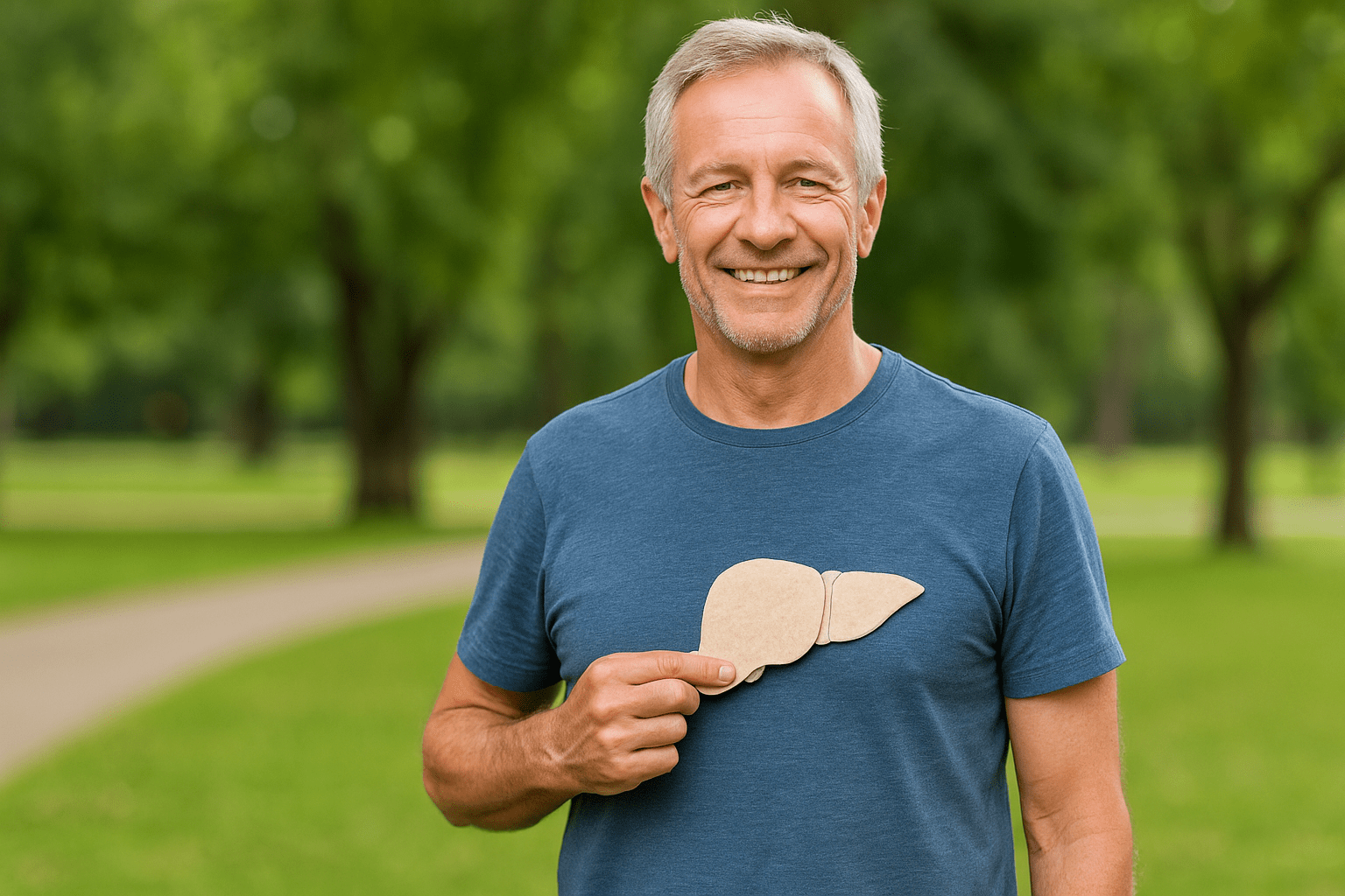Smiling man holding liver cutout in sunny park.