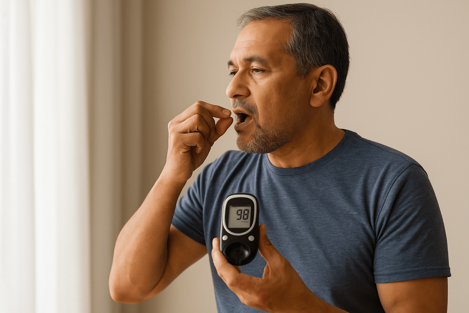 Older man taking pill holding glucose monitor
