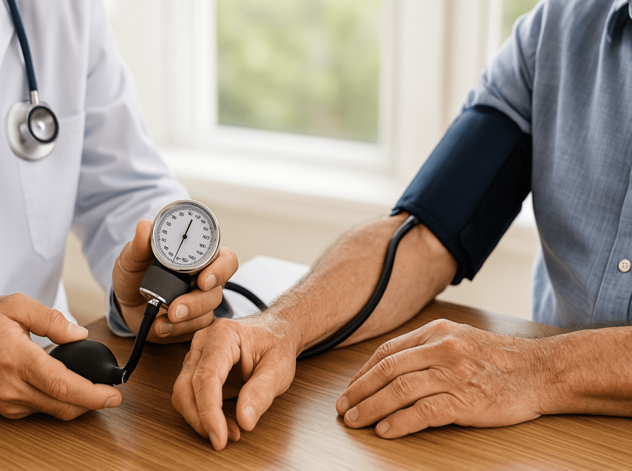 Doctor using manual cuff to measure patient’s blood pressure.
