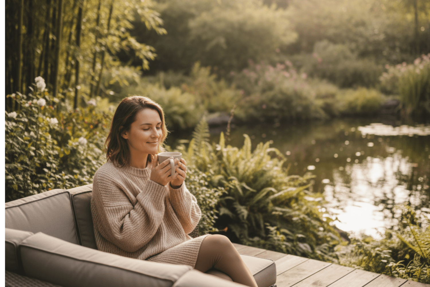 Woman enjoying warm morning coffee by garden pond
