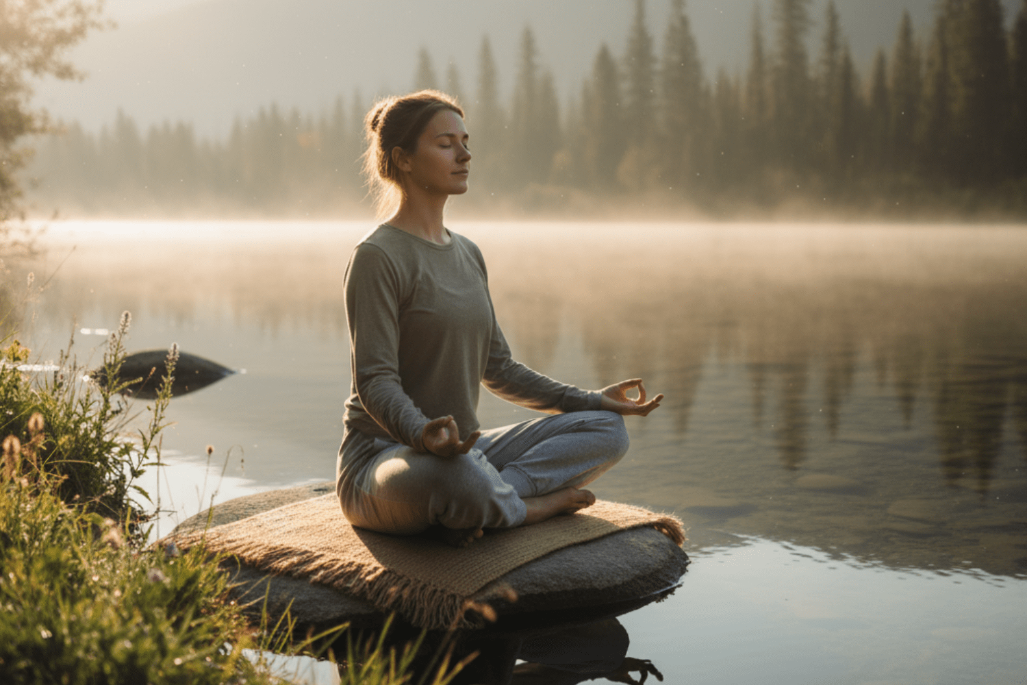Woman meditating by calm lake during sunrise