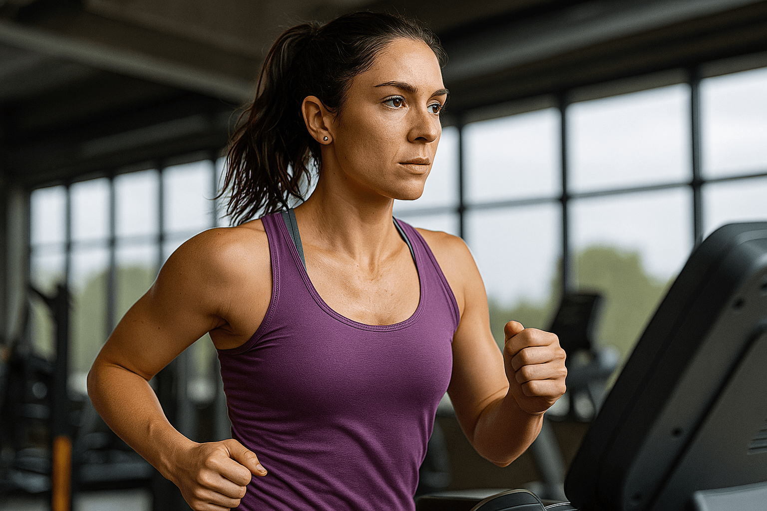 Woman running on treadmill during indoor workout